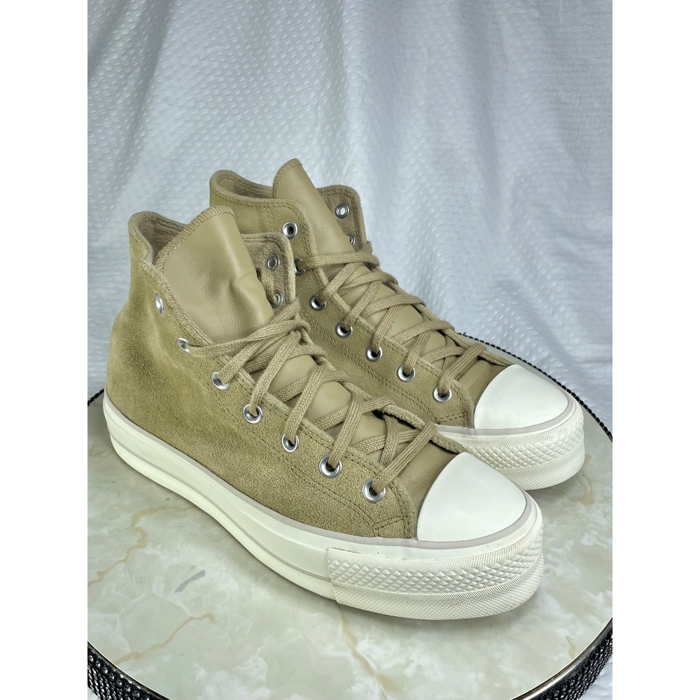 Converse All Star Lift Platform Sneakers Women 9.5 Tan Suede Leather Chunky Shoe